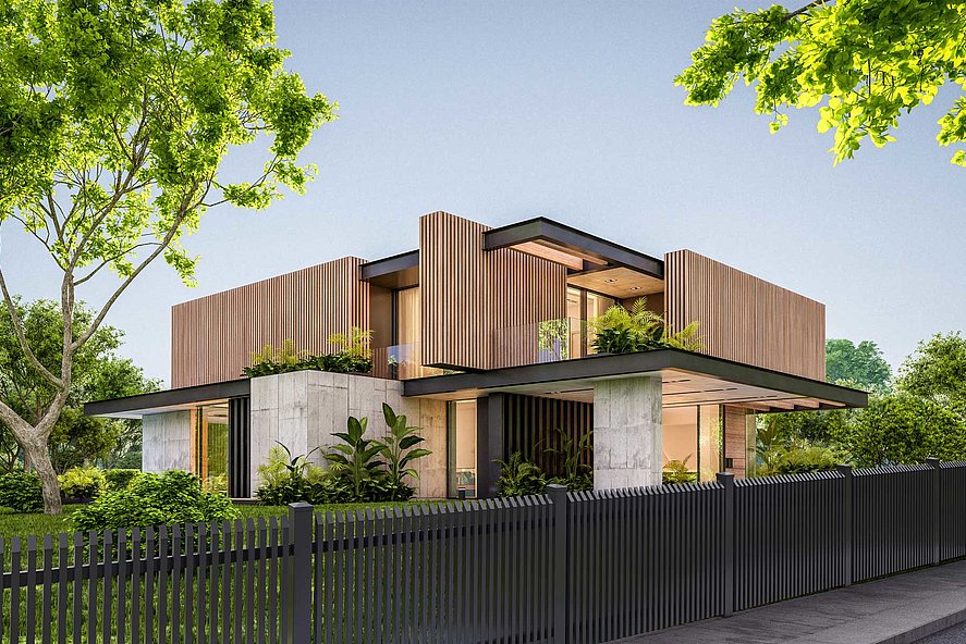 Außergewöhnlicher Lattenzaun aus Aluminium mit Schrägkappen vor einem ungewöhnlich gebauten Einfamilienhaus aus Holz