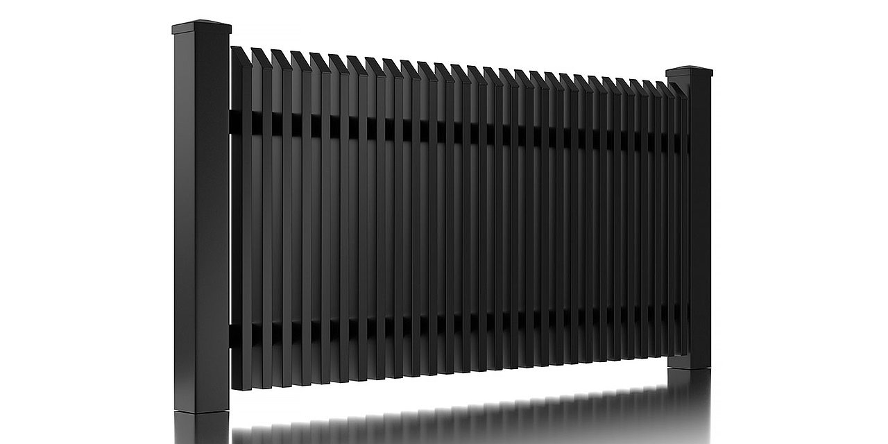 Freigestelltes Bild des Zaunfelds Lichtenberg von Super-Zaun mit Latten und Schrägkappen aus Aluminium