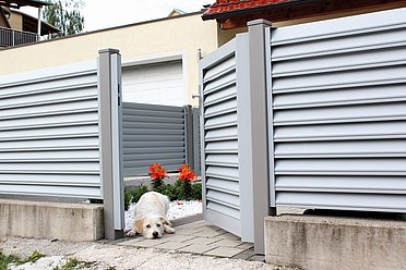 Gartentür mit Sichtschutz durch Querlamellen aus Aluminium in grau geöffnet, dazwischen liegt ein Hund